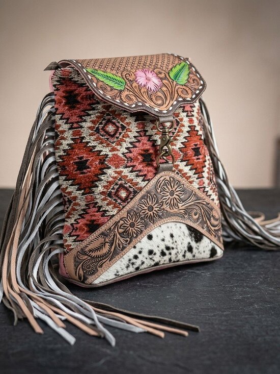 Boho Fringe Upcycled tooled backpack main image 5